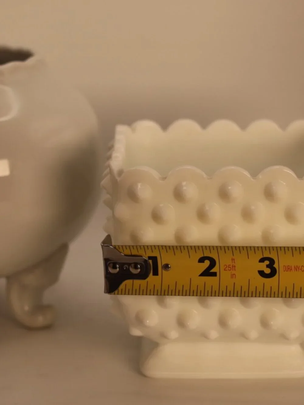 Vintage White Milk Glass Hobnail Planter & Footed Vase Set